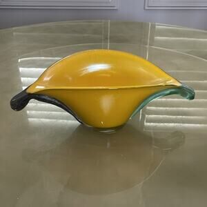 Handmade Blown Glass Vase Candy Bowl Yellow Iridescent